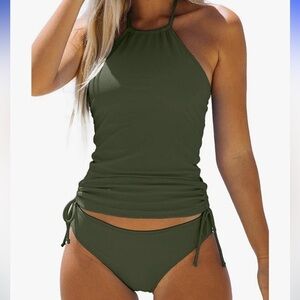Beachsissi - Women's Bathing Suit Drawstring Tankini Set. Small, Army Green
